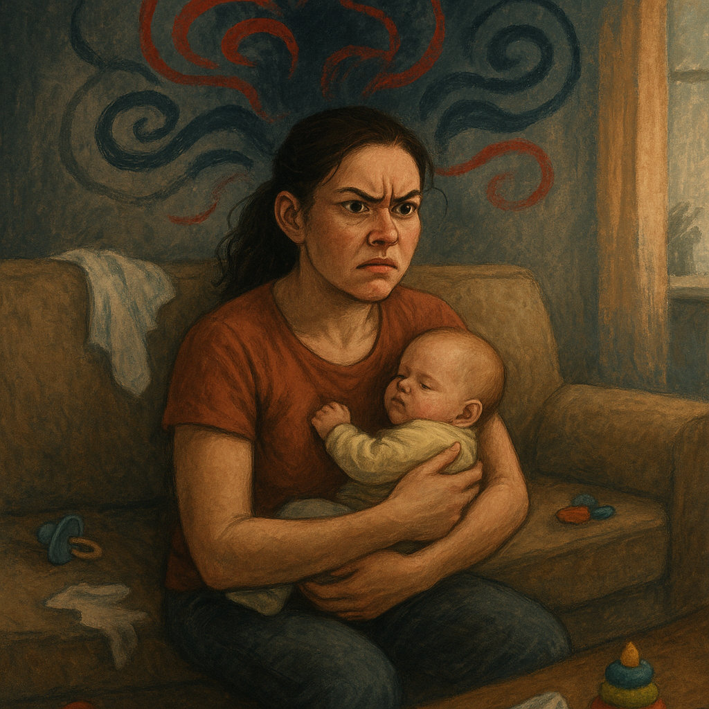Illustration representing postpartum rage and maternal mental health awareness for new mothers experiencing anger