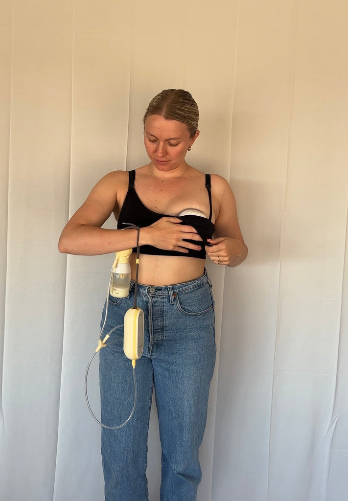 Night Owl wearable breast pump being used alongside traditional breast pump for flexible pumping routine
