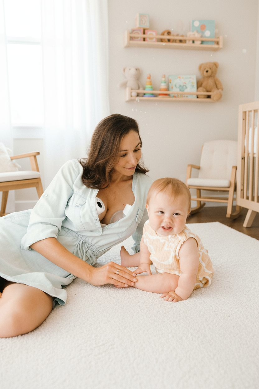 mum with breast pump and baby