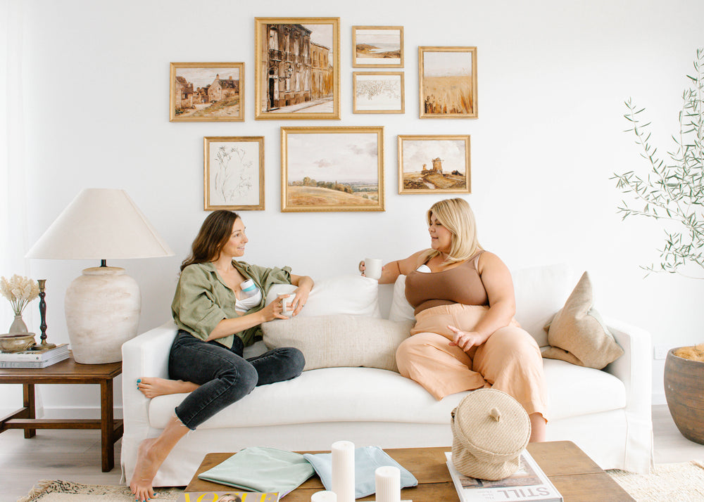 Mothers using Night Owl wearable breast pumps while having supportive conversation about partner involvement in breastfeeding journey